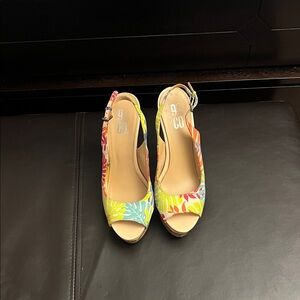 Colorful Floral Peep-Toe Satin Slingback Heels